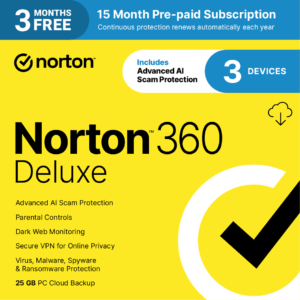 Norton 360 Deluxe: 25GB PC Cloud Backup for 3 Devices (15-Month Subscription)
