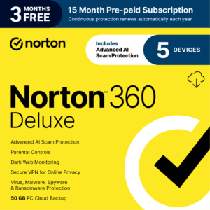 Norton 360 Deluxe: 50GB Cloud PC Backup for 5 Devices (15-Month Subscription)