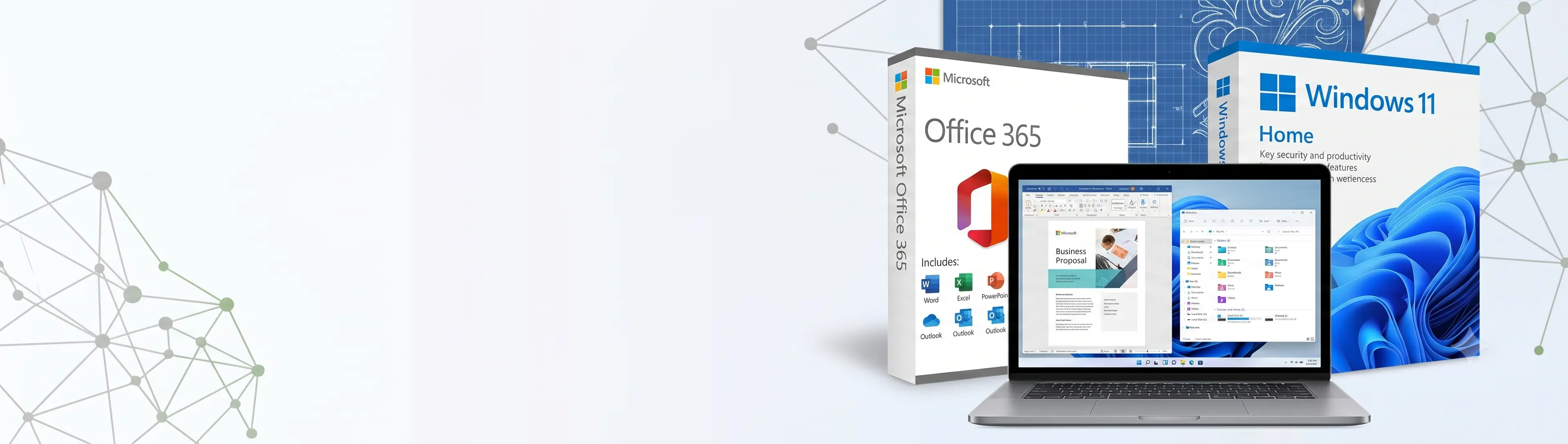 Microsoft product suite banner showing Office 365 and Windows 11 software licenses