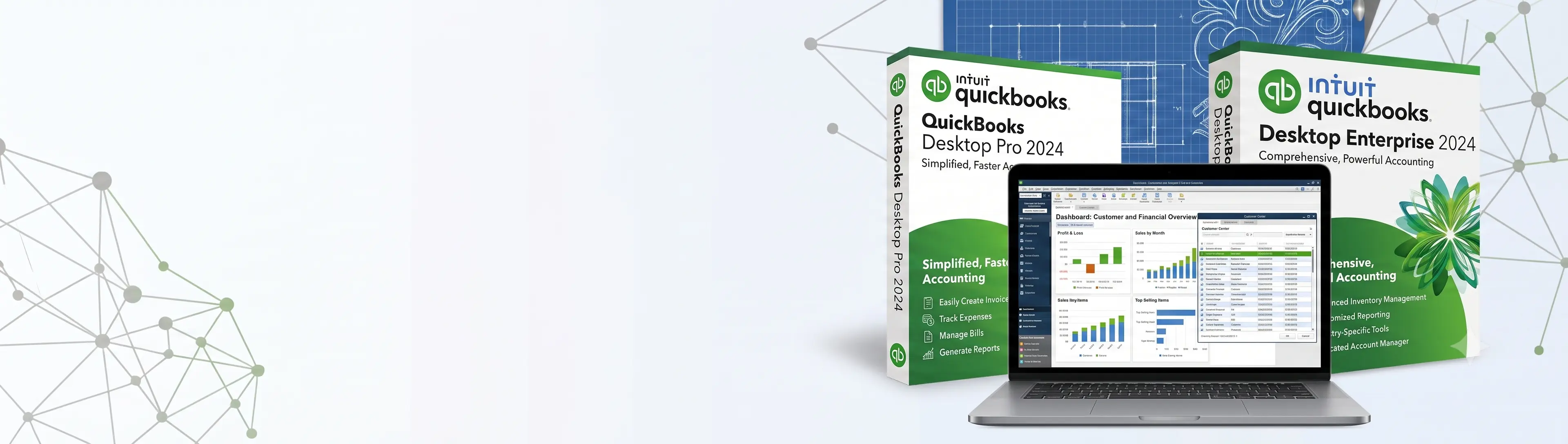 QuickBooks Desktop banner with QuickBooks Pro and Enterprise license boxes