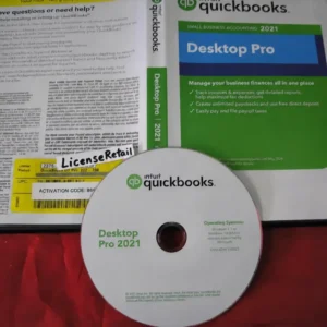Open QuickBooks Desktop Pro 2021 retail DVD case showing the disc and the license and activation code sticker