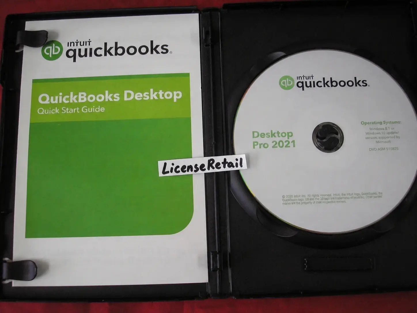Pro2021-2 QuickBooks Desktop Pro 2021 DVD case with the Quick Start Guide and disc inside